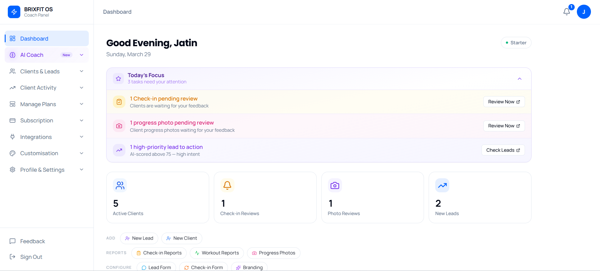 BrixFit coach dashboard — client pipeline, leads, and analytics