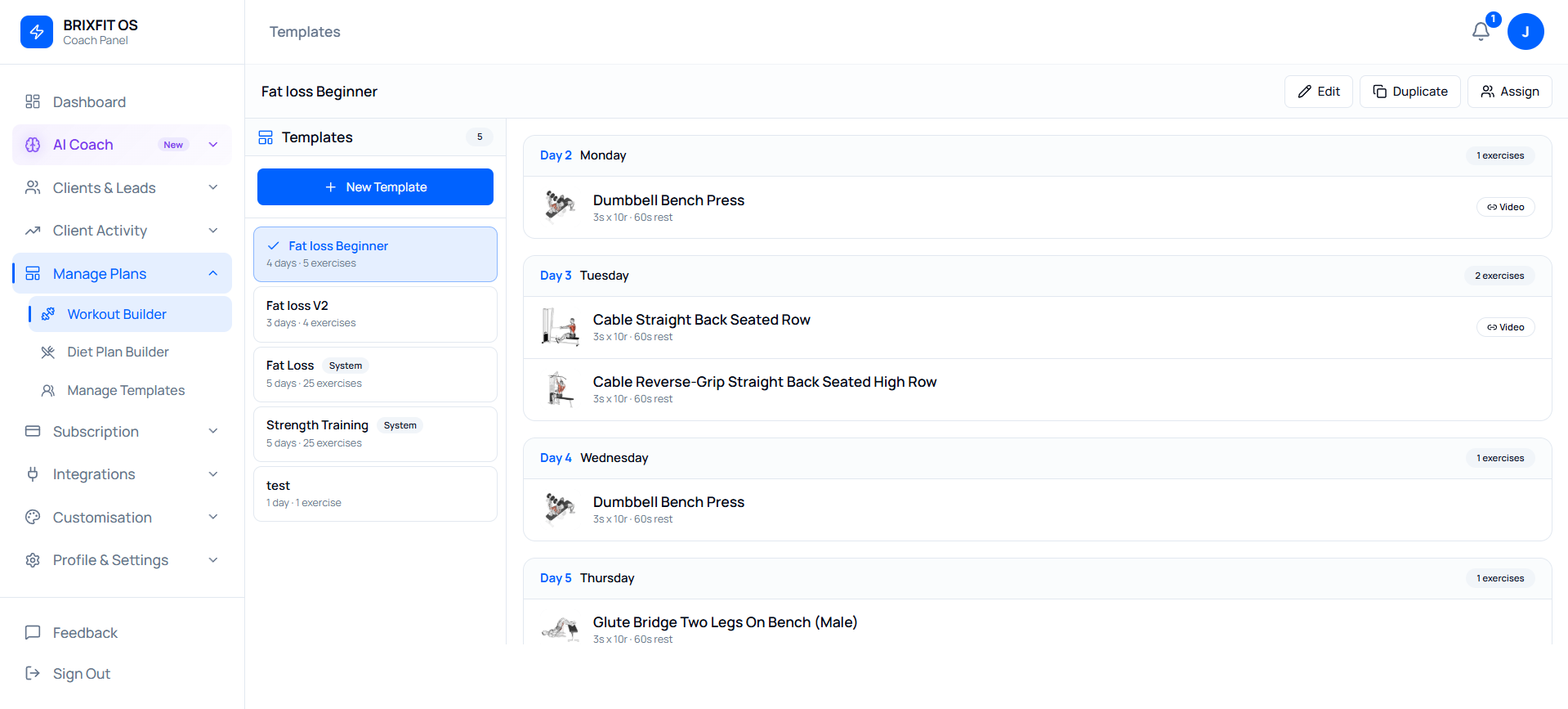 BrixFit workout template builder — exercise library and plan assignment